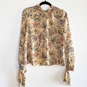 Wayf Floral Mock Neck Long Sleeve Blouse Wrist Ties Top Size Small